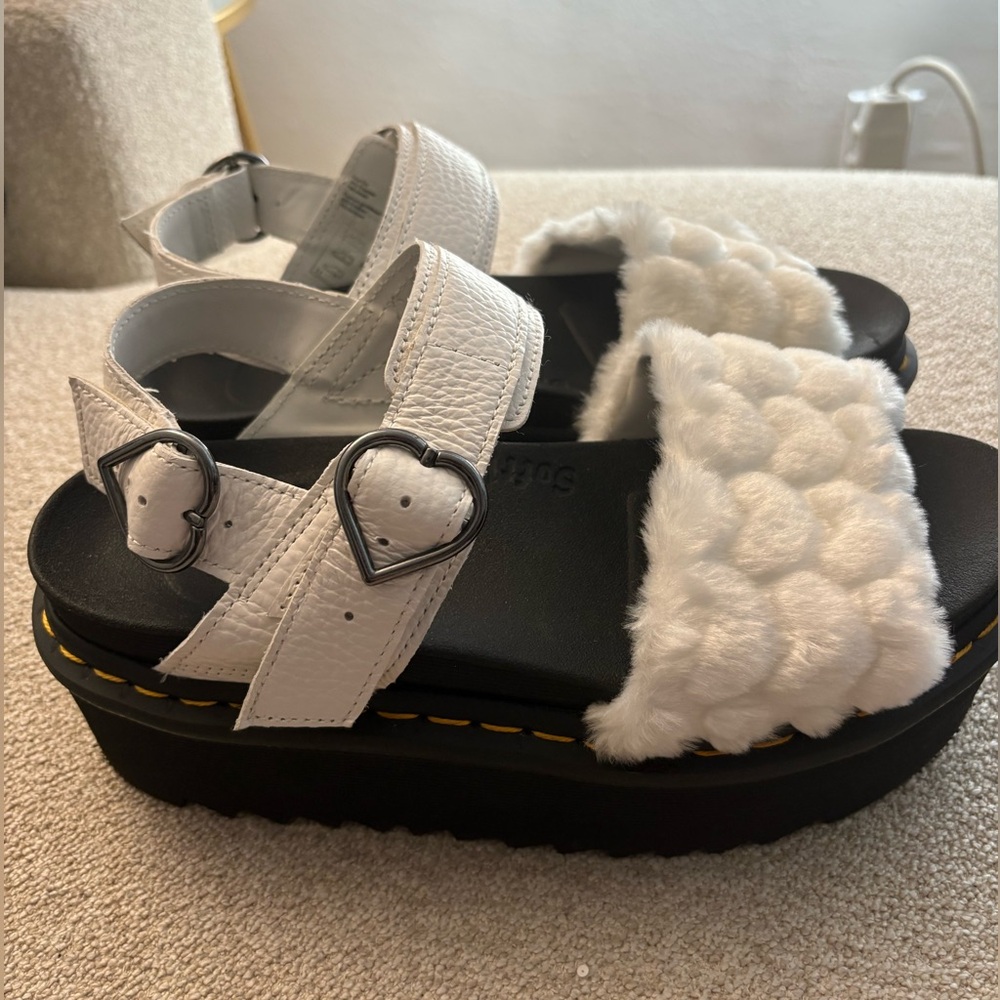 Dr. Martens Voss Fluffy Faux Fur Platform Sandals Heart-Shaped Silver Hardware
